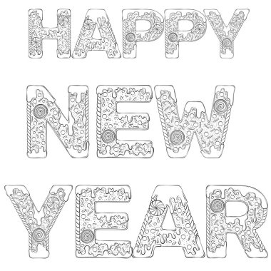 Zencefilli kurabiyelerden oluşan mutlu yıllar mesajı. Noel mektupları. Beyaz arkaplanda izole edilmiş el çizimi biçimindeki vektör illüstrasyonu. Boyama kitabı sayfası, kart, poster, baskı için tasarım.