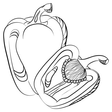 Tam ve yarım kırmızı biber. Elle çizilmiş vektör çizimleri karalama stili. Çizgi sanatı botanik gıdaları beyaza izole edilmiş. Biber sebzesini kapat. Boyama kitabı, tasarım, baskı elementi