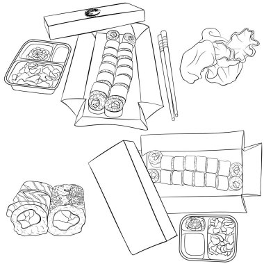 Pakette suşi maki var. Geleneksel Japon yemekleri. Suşi eşyalar, çubuklar, wasabi, zencefil, soya. Çizgi sanat vektörü çizimi beyaz arkaplanda izole edildi. Boyama kitabı