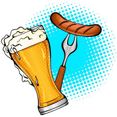 Pop Art tarzında bir çatal üzerinde bir bardak bira ve sosisli vektör renkli illüstrasyon. Oktoberfest festivalinin, bira festivalinin, demlenmenin posteri. Çizgi roman stili etiketi beyaza izole edildi