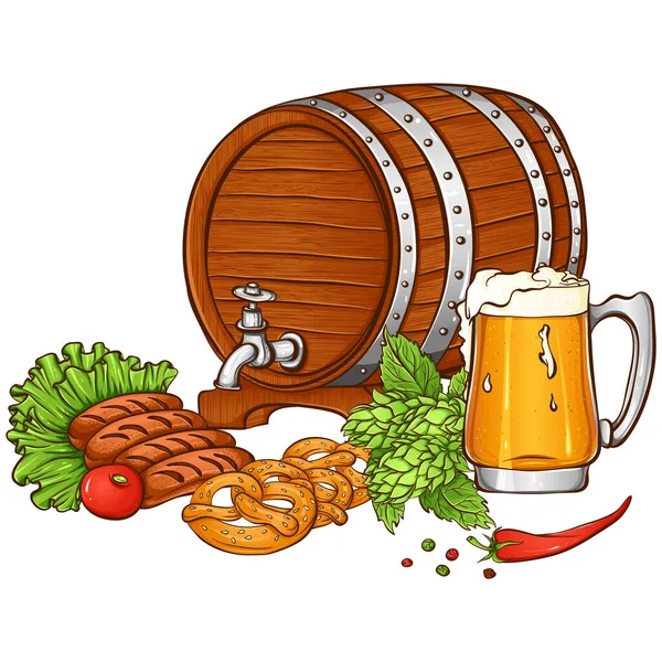 Still Life Oktoberfest Beer Party Vector Illustration Beer Barrel Glass — Stock Vector