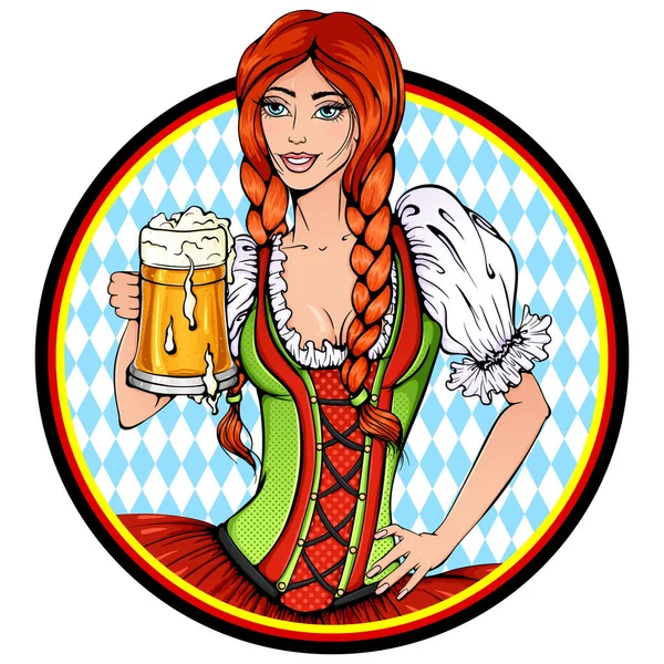 Oktoberfest Beer Party Print Vector Illustration Girl Glass Beer Frame — Vettoriale Stock