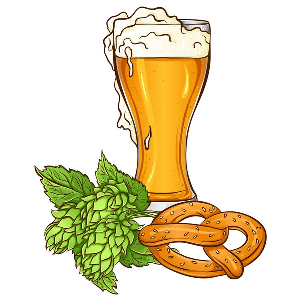 Still Life Oktoberfest Beer Party Vector Illustration Glass Beer Pretzel — 图库矢量图片