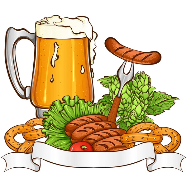 Still Life Oktoberfest Beer Party Vector Illustration Glass Beer Pretzel – Stock-vektor