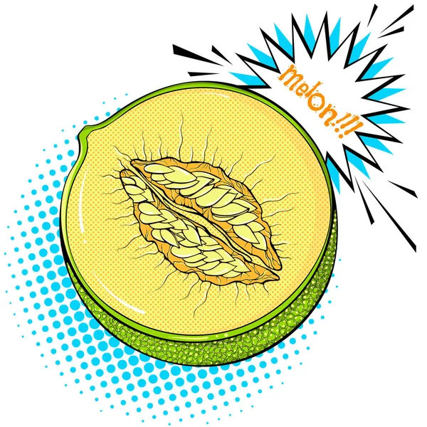 Half Melon Illustration Fruit Close Vector Bright Colored Halftone Print — Vettoriale Stock