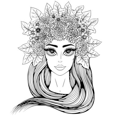 Portrait of a beautiful girl in flower wreath with long hair. Glamour fashion woman. Ukrainian style. Vector illustration in sketch line art style isolated on white. Coloring book page, tattoo, poster