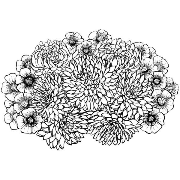 Bouquet Chrysanthemums Buttercups Isolated White Vector Illustration Sketch Line Art — 图库矢量图片