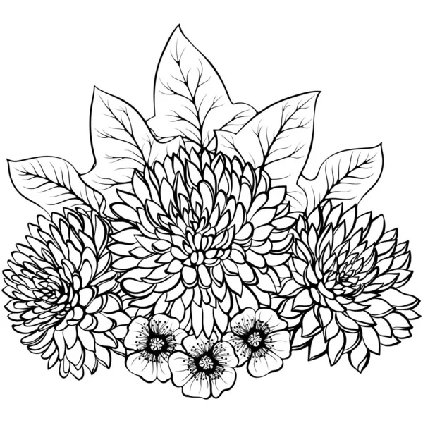 Bouquet Three Chrysanthemums Buttercups Ivy Isolated White Vector Illustration Sketch — 스톡 벡터