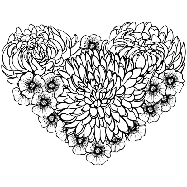 Bouquet Chrysanthemums Buttercups Form Heart Isolated White Vector Illustration Sketch — Stockvektor