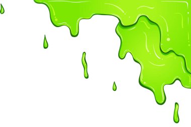 Sağ köşede yeşil boya damlıyor. Beyaz üzerine izole edilmiş vektör damlayan sıvı. Renkli balçık aşağı akıyor. Boya sızdırıyor.