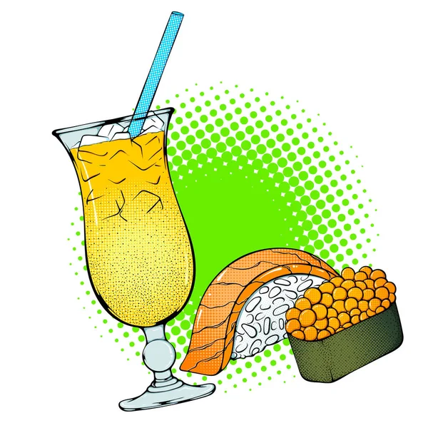 Glass Cocktail Sushi Illustration Food Close Vector Bright Colored Halftone — Stock Vector