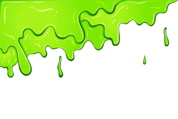 緑の滴下塗料左隅 白に単離されたベクトル滴下液体 色のスライムが流れる 絵具の漏れ — ストックベクタ