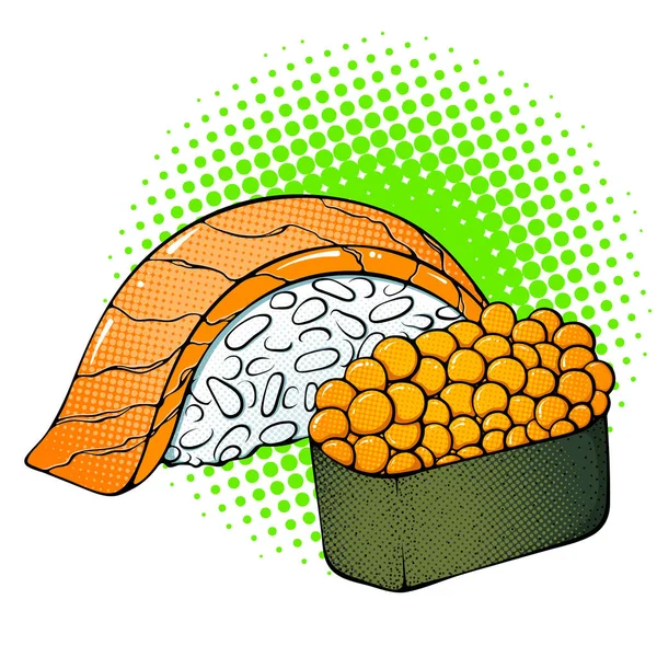 Nigiri Ikura Sushi Com Ilustração Salmão Comida Asiática Fecha Vector — Vetor de Stock