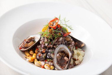 Kabuklu siyah ceviche, Peru 'da çok tipik. beyaz tabakta.