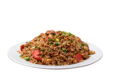 Chaufa rice, Peruvian dish on white background.