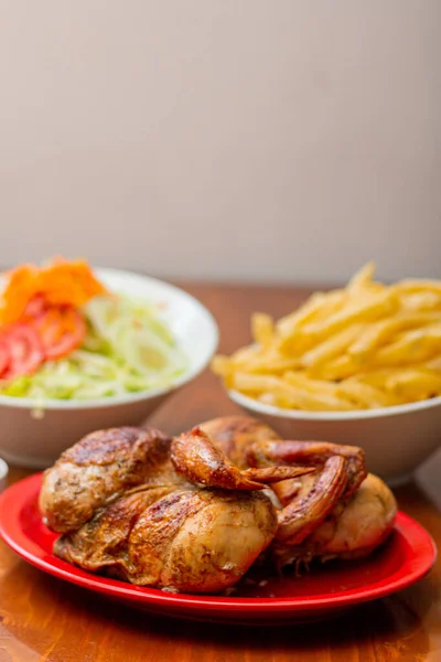 Grilled Chicken French Fries Wooden Table — Foto Stock