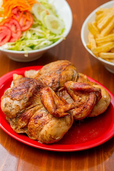 Grilled Chicken French Fries Wooden Table — Foto Stock