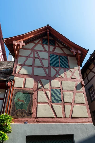 Historic Tenement House Brown Walls Red Half Timbered Elements Piainting — Stock Photo, Image