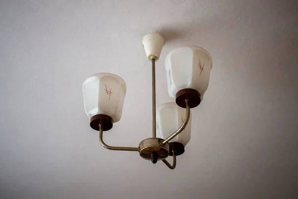 Retro Vintage Lamp Chandelier Three White Porcelain Shades Hanging Ceiling — Zdjęcie stockowe