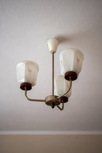 Retro Vintage Lamp Chandelier Three White Porcelain Shades Hanging Ceiling — Zdjęcie stockowe