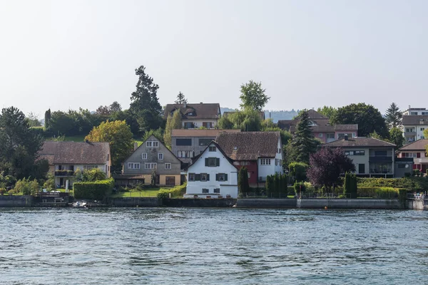 Río Rin Costa Con Árboles Casas Stone Ciudad Rhein Soleado —  Fotos de Stock