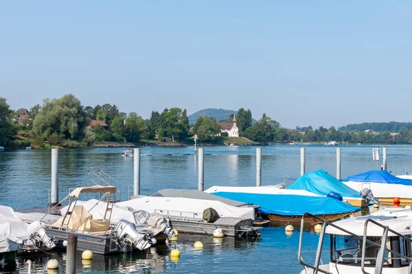 stock image Ships and boats on the Rhine river in Stone at the Rhein town on sunny summer day