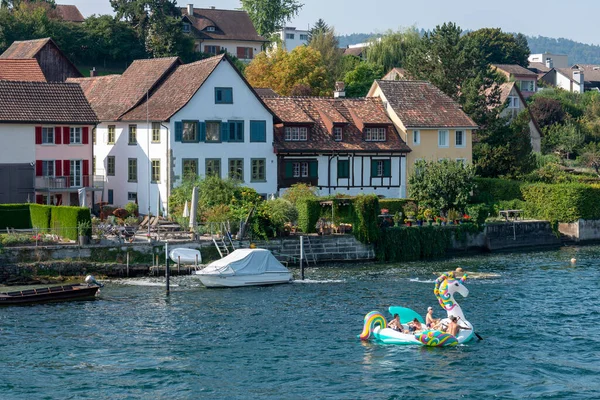 Rhine River Coastline Trees Houses Stone Rhein Town Sunny Summer — Stock Photo, Image