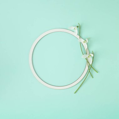 Beyaz dairesel çerçeveli ve yeşil arkaplanlı kar damlaları. En küçük kopyalama alanı düzlüğü.