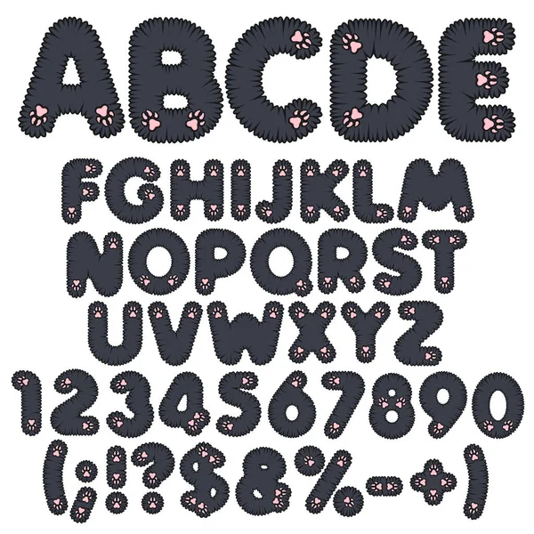 Puszysty Czarny Alfabet Litery Cyfry Znaki Różowymi Łapami Zestaw Pojedynczych — Wektor stockowy