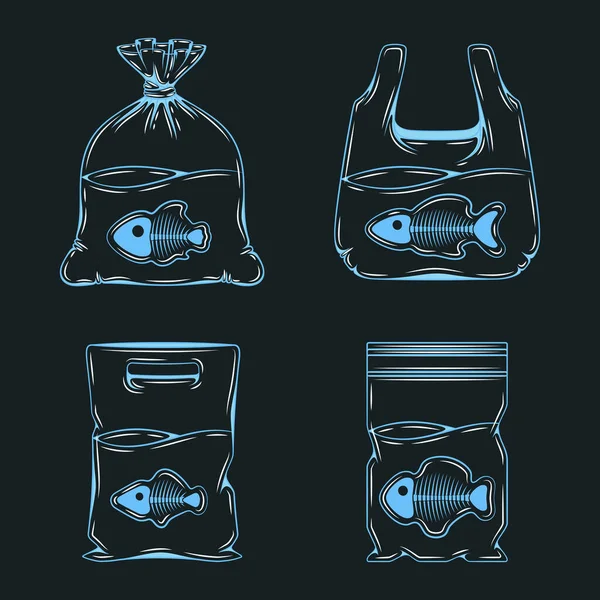 Ensemble Illustrations Bleues Avec Ombre Sacs Plastique Emballage Avec Poissons — Image vectorielle