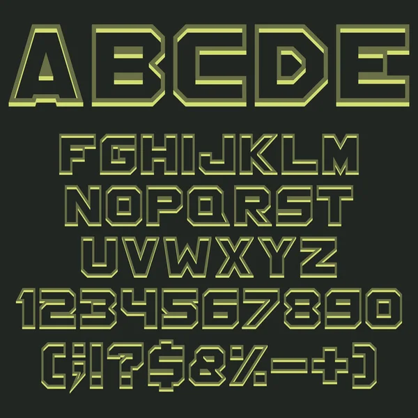カーキ 軍の緑のアルファベット 数字と影の標識 黒の背景に孤立したベクトルオブジェクト — ストックベクタ