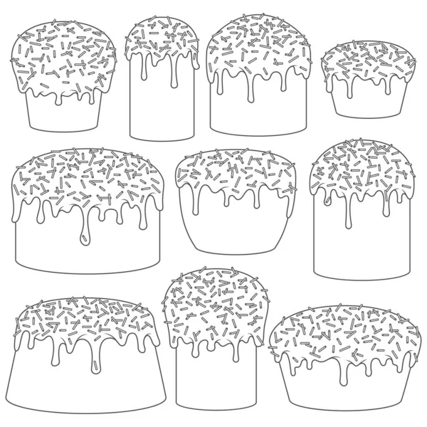 一套带有复活节蛋糕的黑白插图 白色背景上的孤立向量对象 — 图库矢量图片