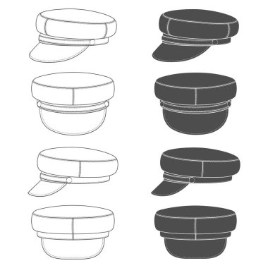 Zirveye ulaşmış siyah beyaz çizimler serisi, yemek kapağı. Beyaz arkaplandaki izole vektör nesneleri.