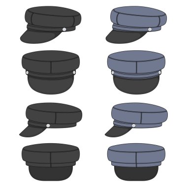 Set of color illustrations with brown and black peaked cap, forage cap. Isolated vector objects on white background.