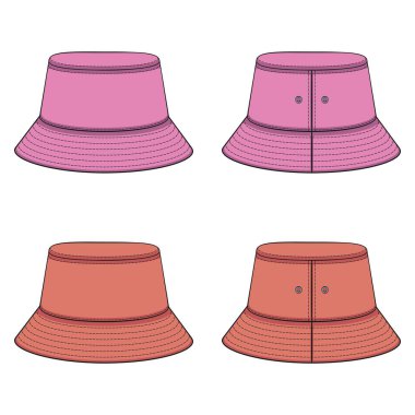 Pembe ve turuncu panama şapkalı renkli çizimler. Beyaz arkaplandaki izole vektör nesneleri.
