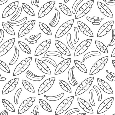 Siyah ve beyaz palmiye yaprakları ve muzlarla kusursuz desen. Beyaz zemin üzerinde izole nesnelerle tropikal vektör arkaplanı.