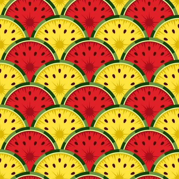 Naadloos Patroon Met Gesneden Rode Gele Watermeloen Vector Kleurrijke Achtergrond — Stockvector