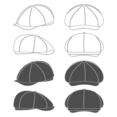 Zirveye ulaşmış siyah beyaz çizimler, kepi şapkası, kepi. Beyaz arkaplandaki izole vektör nesneleri.