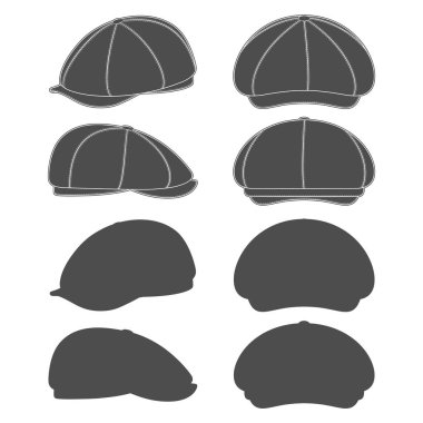 Zirveye ulaşmış siyah beyaz çizimler, kepi şapkası, kepi. Beyaz arkaplandaki izole vektör nesneleri.