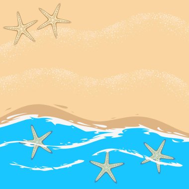 Illustration with sea, waves, beach and starfish. Marine vector background.