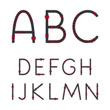 Yazı tipi, alfabe, A 'dan N.' ye doğru izole vektör nesnelerinin beyaz arkaplandaki rastalı harfleri..