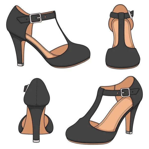 Set Color Illustrations Black Female Shoes Clasp Heel Isolated Vector — Stok Vektör