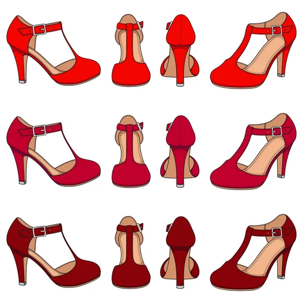 Set Color Illustrations Red Female Shoes Clasp Heel Isolated Vector — Stockový vektor