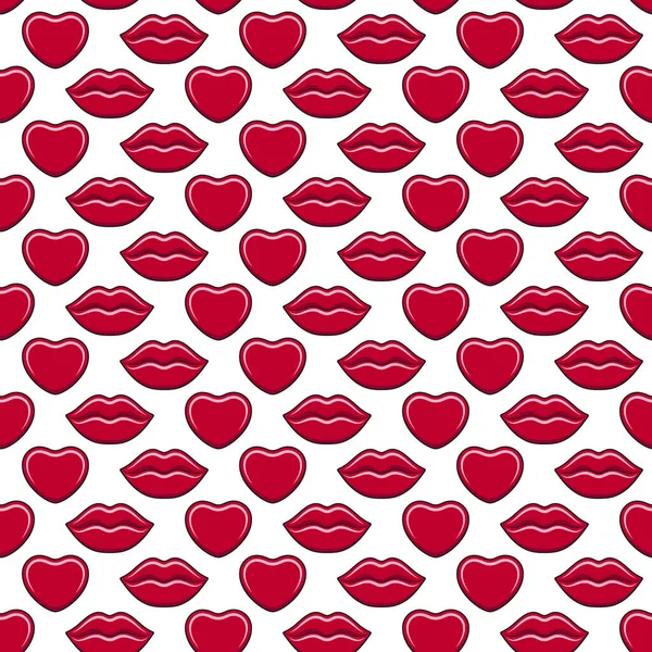 Seamless Pattern Sexy Red Lips Hearts White Background Vector Background — Vector de stock