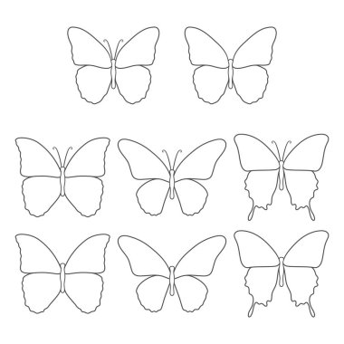 Kelebekli siyah beyaz çizimler. Beyaz arkaplandaki izole vektör nesneleri.