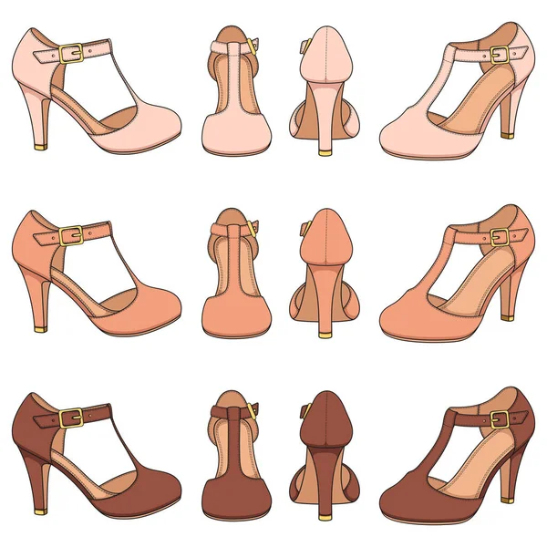 Set Illustrazioni Colori Con Scarpe Femminili Con Chiusura Sul Tallone — Vettoriale Stock