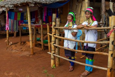 Mandalay, Myanmar, Kasım 15, 2016: Geleneksel kostümlü Asyalı uzun boyunlu Kayan Padaung kadın. Asya 'daki etnik azınlık. Loikaw 'da boynundaki pirinçten bobinlerle kabile kadınlarının güzel portresi.,