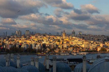 İstanbul, Türkiye - 29 Ekim 2021: Galata Kulesi, martılar ve şehir manzarası