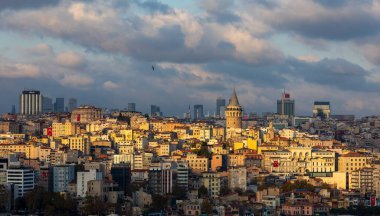 İstanbul, Türkiye - 29 Ekim 2021: Galata Kulesi, martılar ve şehir manzarası