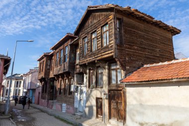 Edirne, Turkey - December 24, 2021 : Historical colorful houses in Edirne building view in Edirne City.